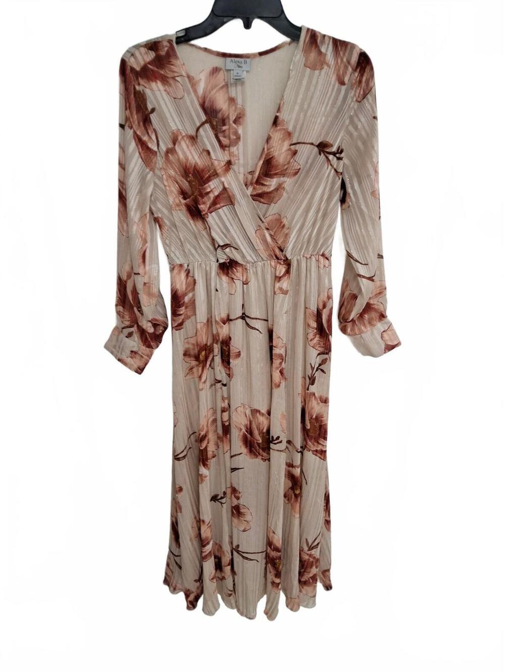 Alexa B Floral Long Sleeve Maxi Dress with sheer V-Neck size medium